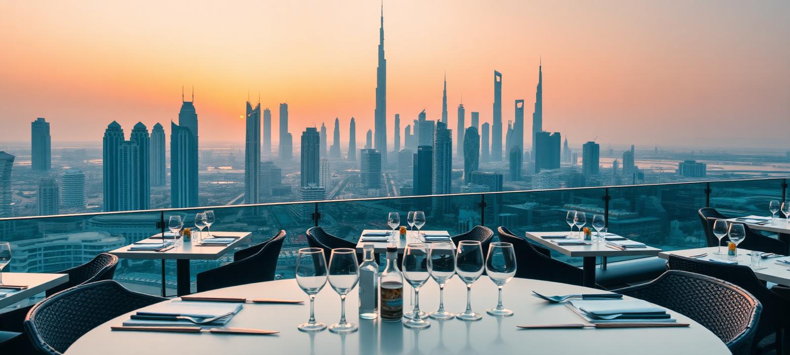 Rooftop restaurant table overlooking the Dubai skyline at sunset